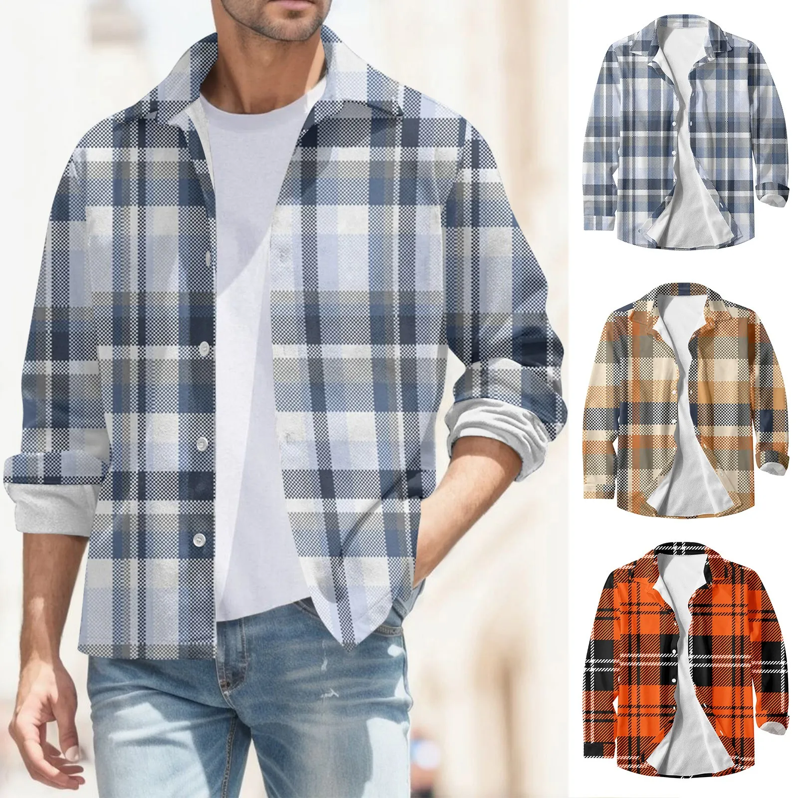 

Male Autumn And Winter Warm Fashion Casual Plaid Square Lapel Pocket No Hood Ethnic Handsome Men Beach Button Geometric