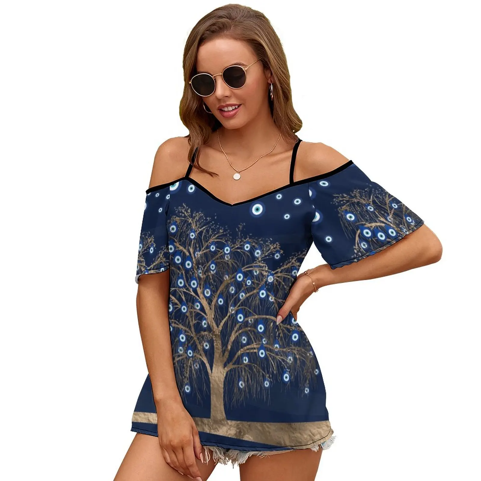 Nazar Charm Tree-Gold на темно-синем женской молнии Различные стили Футболки с принтом