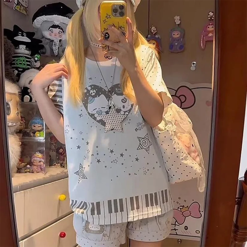 Фото Женская футболка в стиле Harajuku Y2K с мультяшным принтом, милая повседневная футболка, винтажный свободный топ, уличная одежда, полосатая футболка в стиле пэчворк, гранж-футболка №5