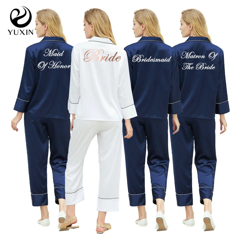 

Matee Satin Solid Pajamas For Women Custom Sleepwear Women Pajamas Set Home Wear Lungewear Lettering Nightwea NAVY Silk Pajama