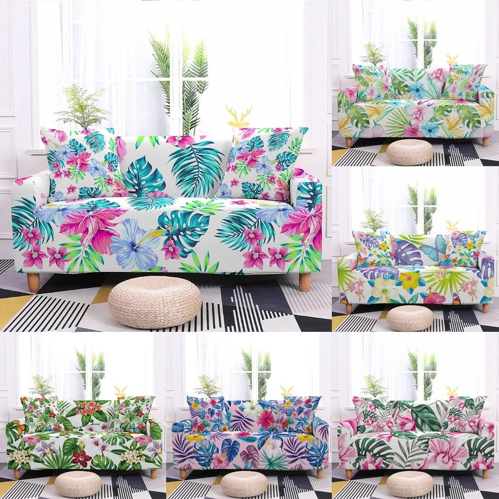 

Tropical Leaves Flowers Elastic Sofa Covers for Living Room Floral Butterfly Stretch Armchair Cover L Shape Corner Couch Covers