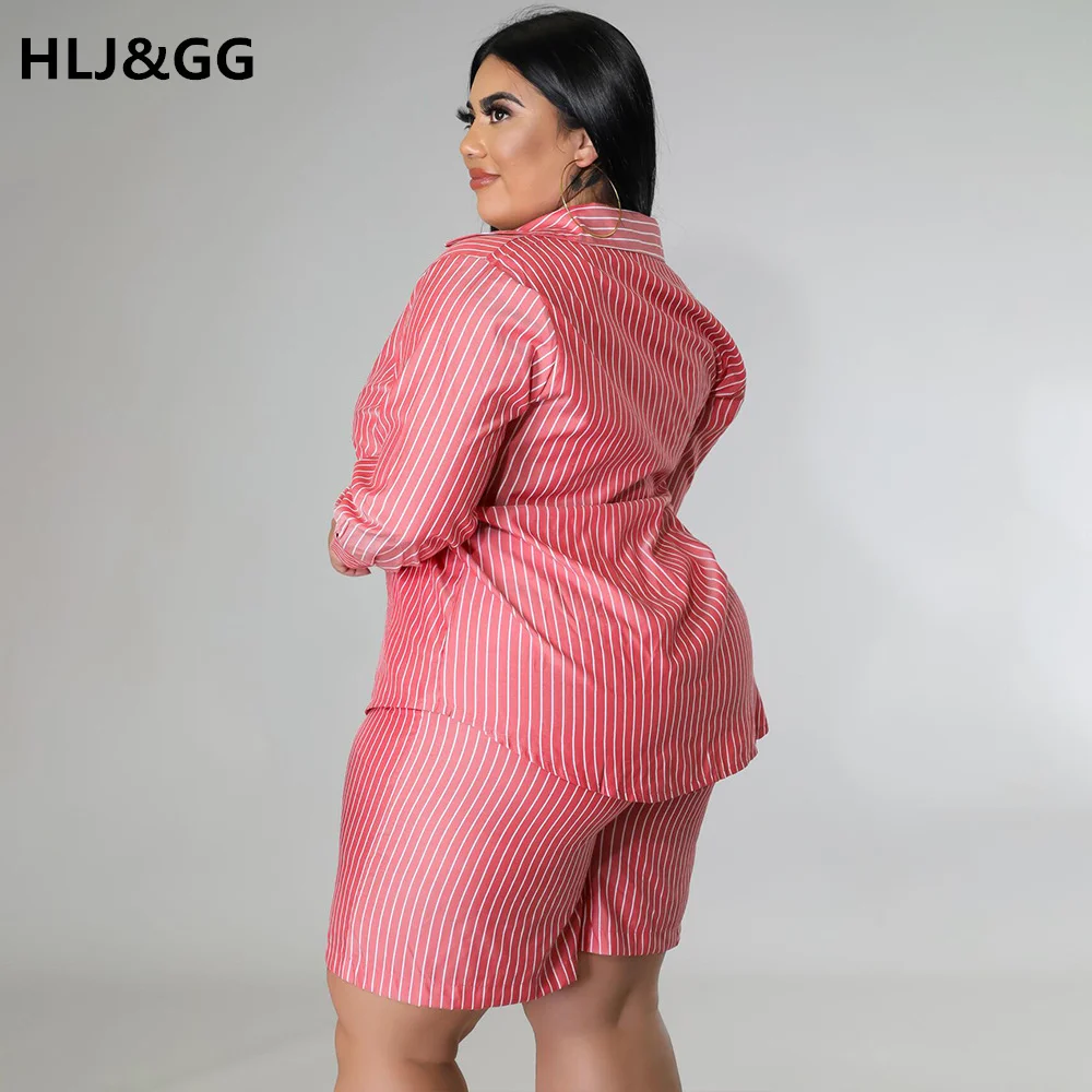 HLJ&GG Casual Plus Size Shirt Suits Turn-down Callar Long Sleeve Shirt + Short Pants Two Piece Sets Casaul Outfits Shorts Sets