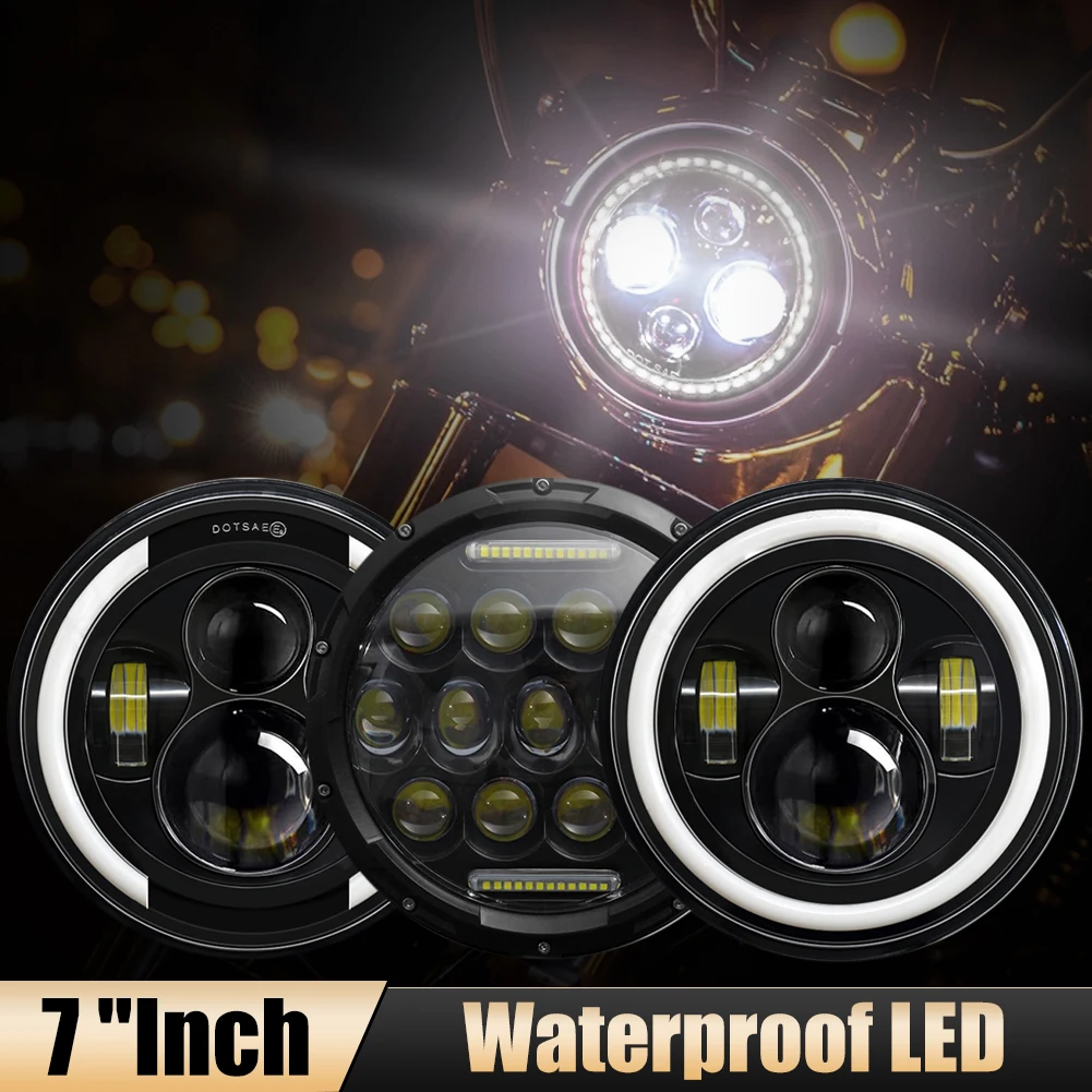 7 inch LED Headlight Angel Eye White DRL High Low Beam with Amber Turn Signal CREE LED Headlamp Waterproof for Motorcycle SUV