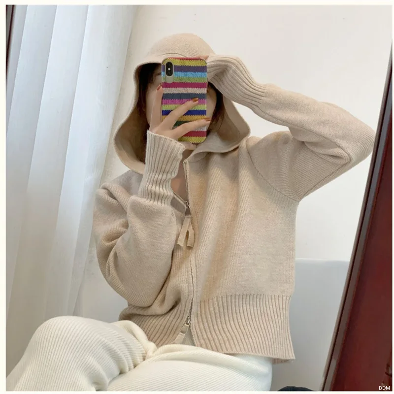 

Solid Sweater Hooded Zip Knitted Cardigan for Women 2022 Autumn New Long Sleeve Temperament Knitwear Coats Elegant Cropped Tops