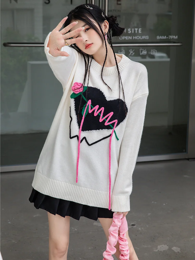

Women Knitted Heart Embroidery Pullover Round Neck Loose Korean Style Female Stitching Sweater 2022 Autumn Winter H063