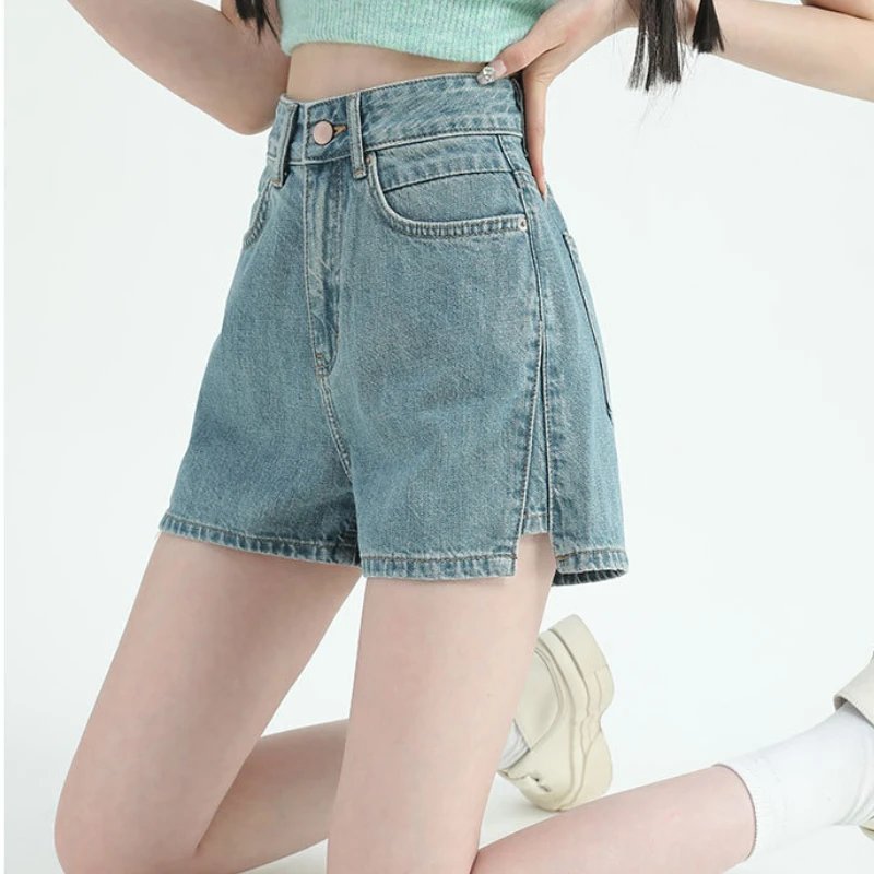 Slit Denim Womens Shorts Summer Straight Loose Wide Leg Pants High Waist Curly Edge A-word Large Size Design Sense Booty Shorts