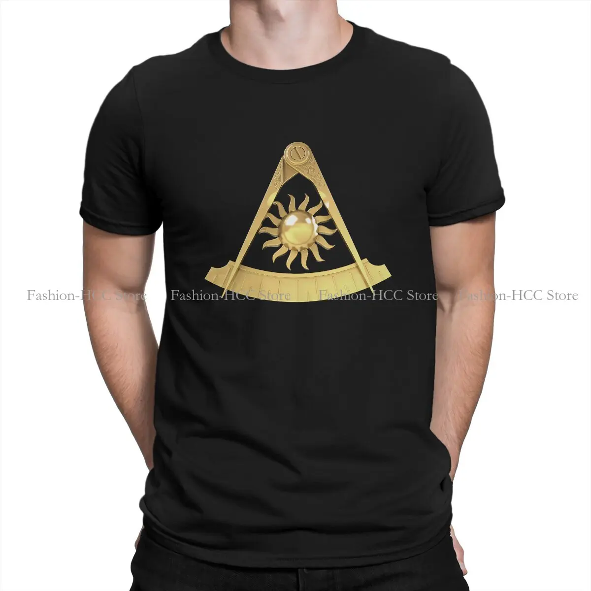 

Freemason Gold Square Compass Polyester TShirts Sun Gold Personalize Homme T Shirt Funny Clothing