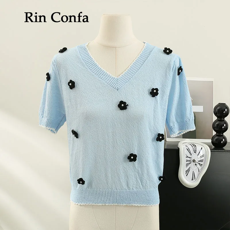 

Rin Confa Summer 2023 New Knitted Women's Sweet Age-Reducing Color Matching V-Neck Short-Sleeved T-Shirt Loose Short Tops