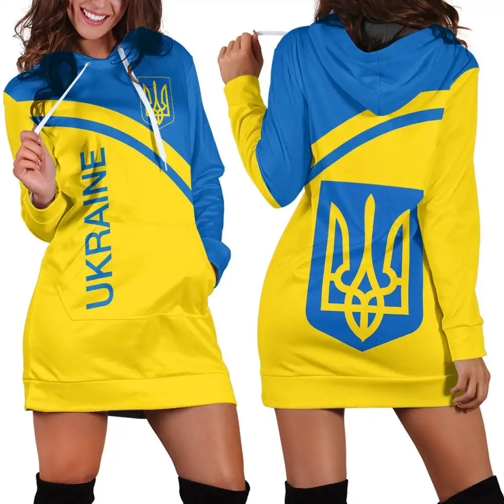 

Ukraine Gold Trident Women Hoodie Dress Custom Name Retro Harajuku 3D Printed Flag Pullover Casual Sexy Women Hoodie Dress