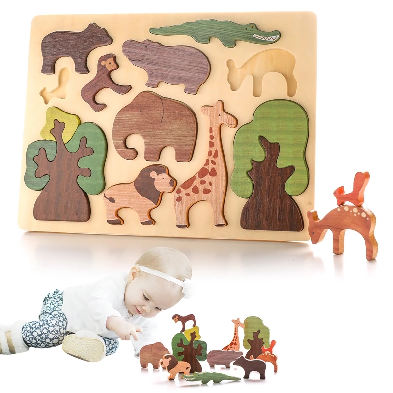 

Деревянная игрушка-пазл для детей, мультяшный лес, животные, пазл для раннего развития ребенка и интеллектуальный строительный блок, игрушка в подарок