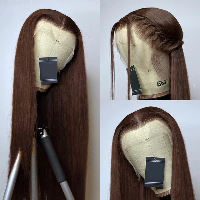 Preplucked Soft 28Inch Brown Silky Straight Long Natural Hairline Glueless Synthetic Lace Front Wig For Women Baby Hair
