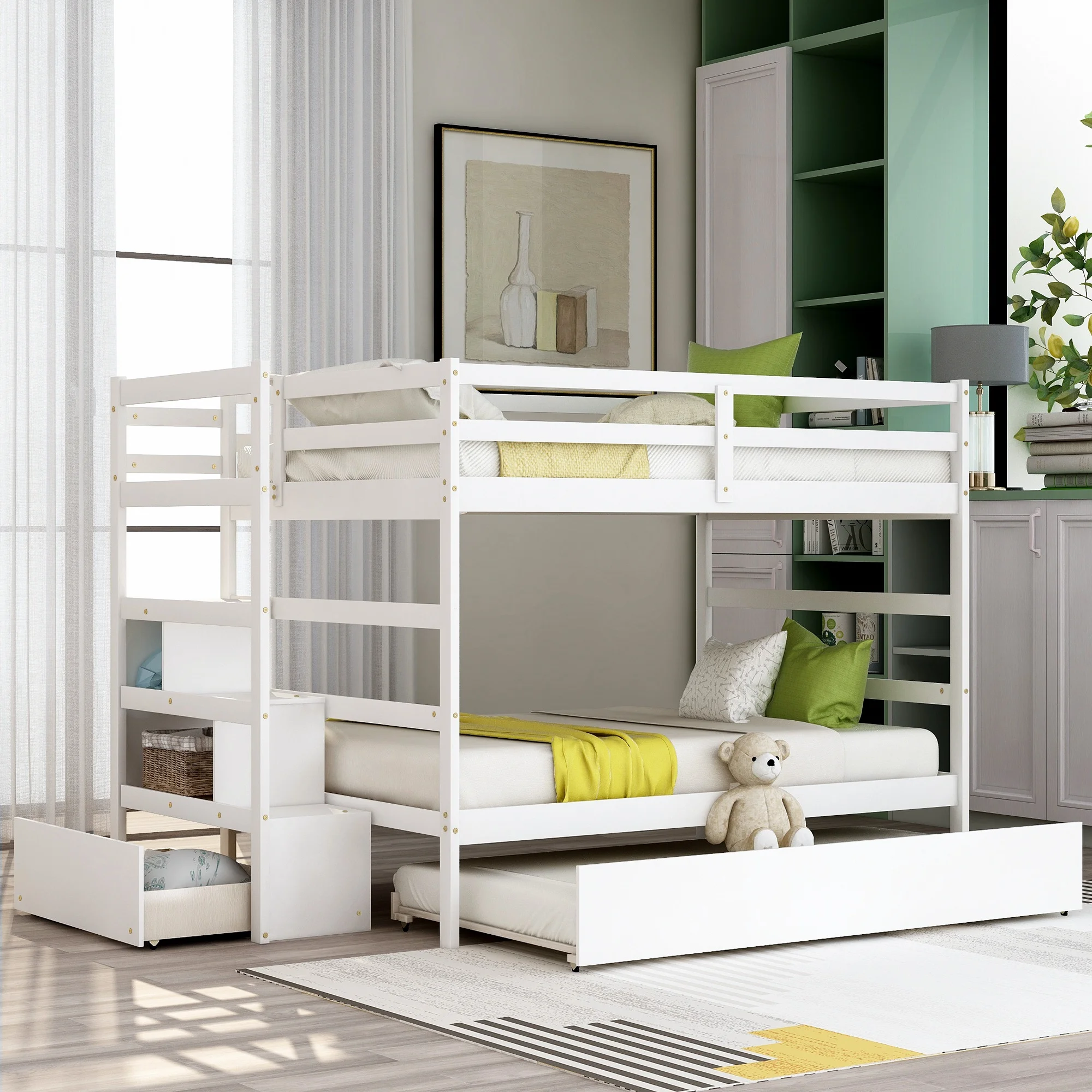 

Home Modern And Minimalist Wooden Bedroom Furniture Beds Frames Bases Full Over Full Bunk Bed With Twin Size Trundle White