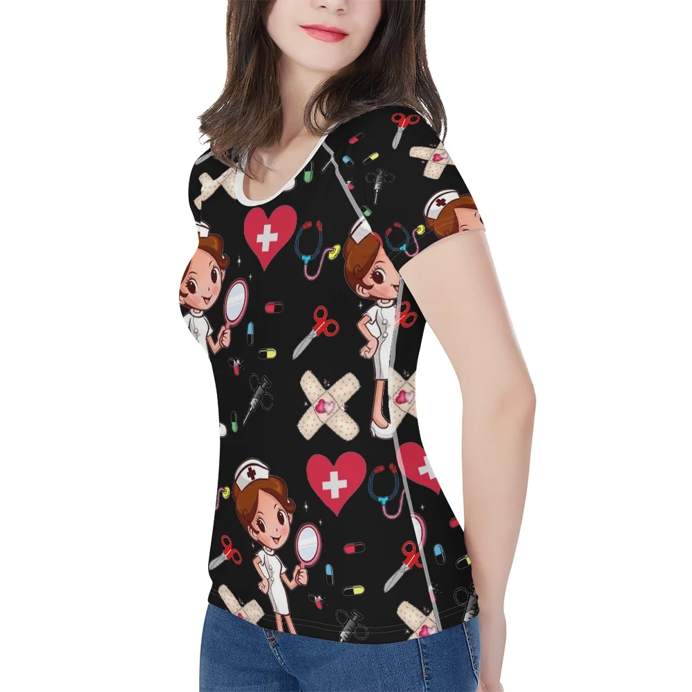FORUDESIGNS O-neck Cotton Summer Female Slim Tops Cute White Dress Nurse Cartoon Print Black Tshirts Harakuju Women T-Shirts Tee