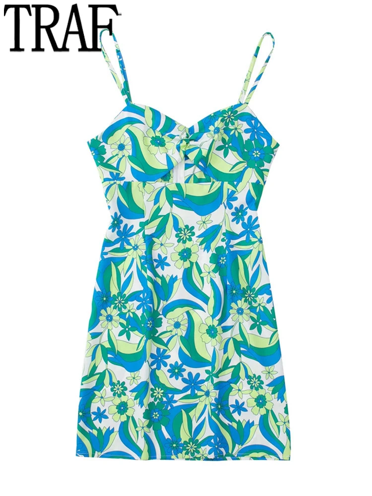 

TRAF 2022 Cut Out Slip Dress Woman Blue Floral Corset Dress Women Pleated Beach Short Dresses Sleeveless Mini Summer Dresses