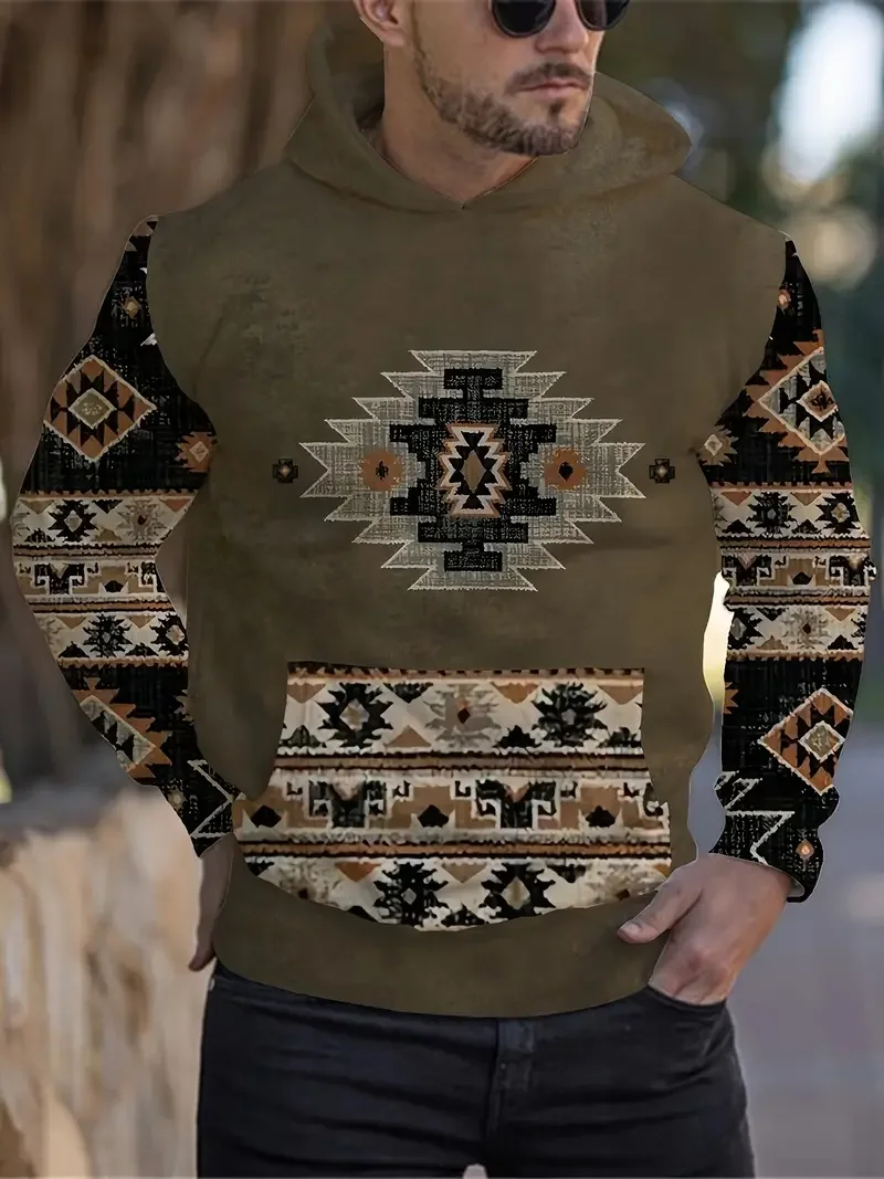 Толстовка мужская с длинным рукавом винтажный свитшот в этническом стиле 3D