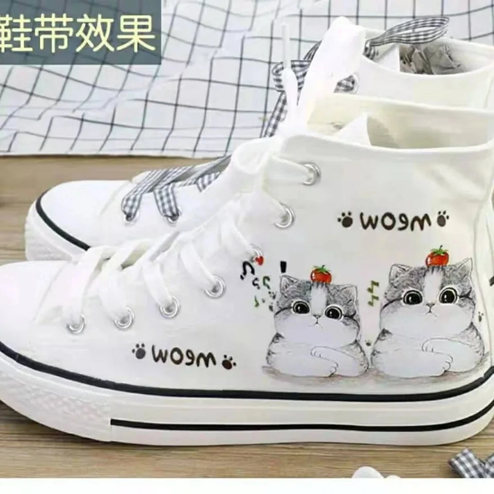 White Black Canvas Sneakers 2023 Fashion Korea Style Cartoon Cute Cat  Female Sneakers Casual Students Daily Wear Women Footwear