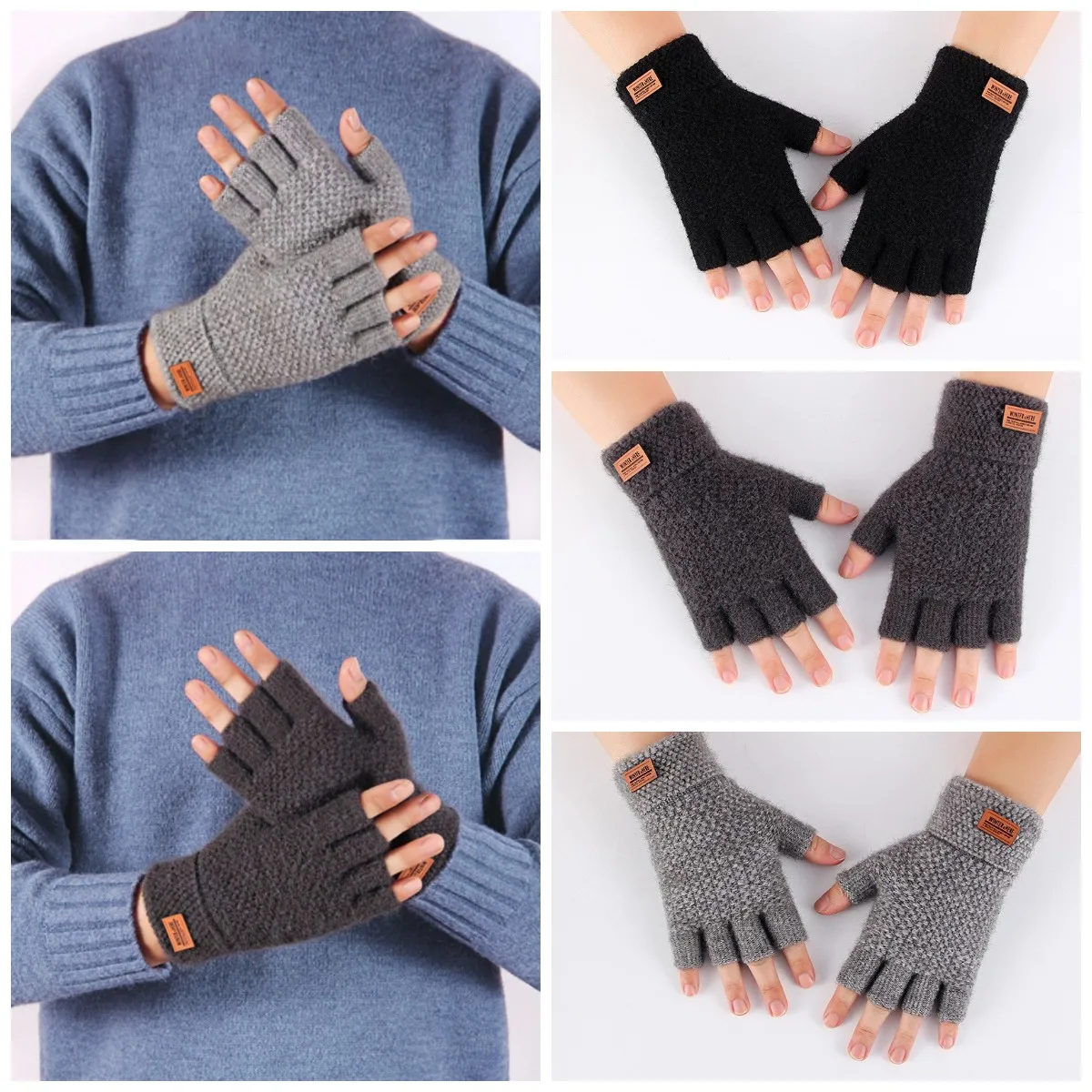 

1pair Winter Fingerless Gloves For Men Half Finger Writting Office Knitted Alpaca Wool Warm Gloves Driving Thick Elastic Gloves