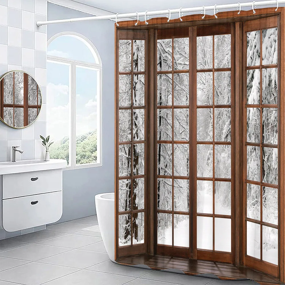 

Forest Snow Scenery Shower Curtain for Bathroom Winter Natural Scenery Bathroom Curtains Decor Polyester Fabric Antique Window