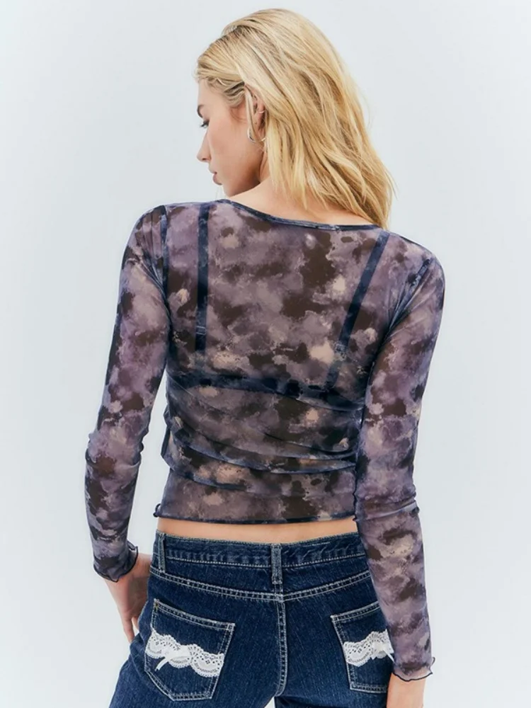 Сетчатые прозрачные футболки для женщин с аппликацией сердца Y2k одежда длинным