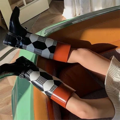 

Plaid Mixed Colors Knee High Boots Belt Buckle Metal Button Round Toe Retro Slip On Women Shoes Autumn Winter 2022 New Arrivals