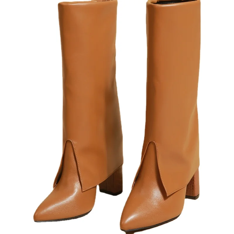 

Women Slim Mid-boots Personality PU Solid Color Trousers Split Pointed Toe Thick Heel Fashion Casual Street Women Shoes KC361