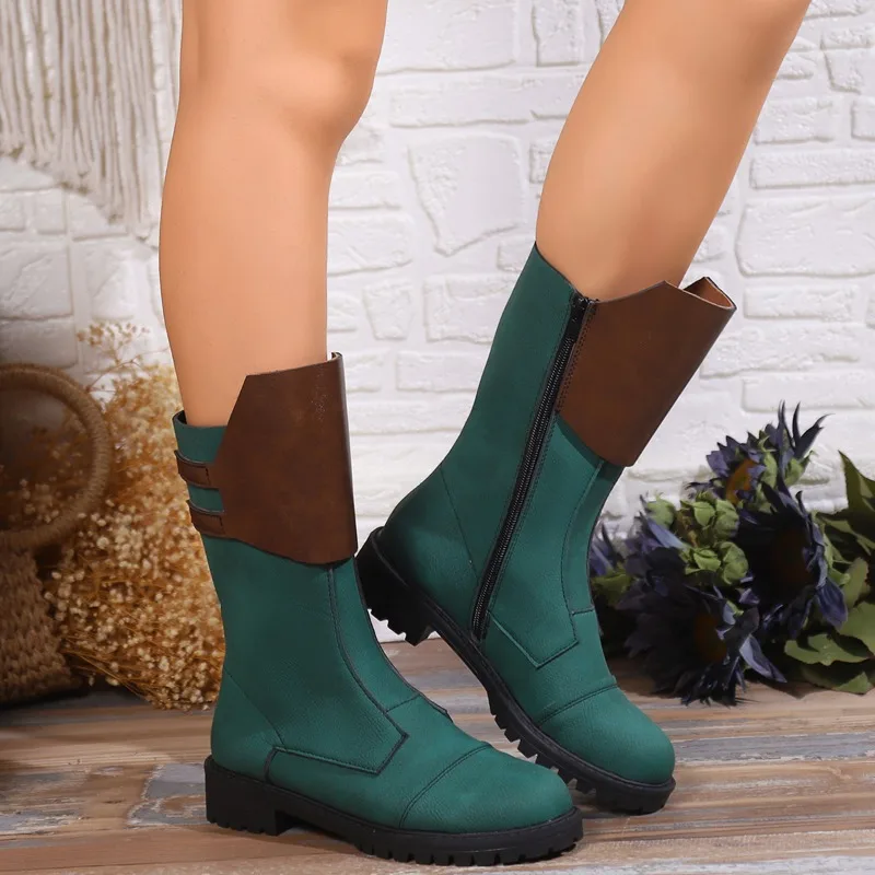 

Hot Selling New Zippered Women's Boots, Casual and Fashionable Round Toe Square Heels, Classic Large Color Matching Women Boots