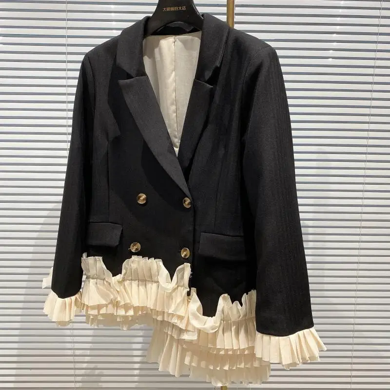 

2023 New Spring Autumn Women Long Sleeve Blazers Coat Dark Stripes Irregular Mesh Stitching Double-breasted Casual Suit Jacket