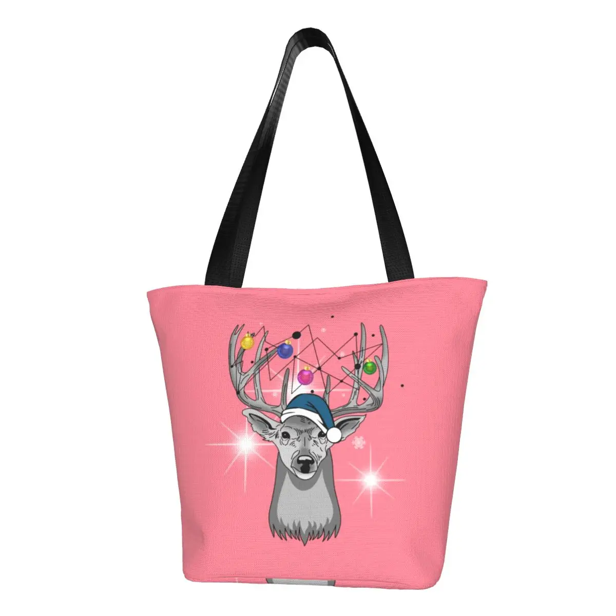 

Christmas Deer Shopper Bag Pink Reindeer Handbags Lady Graphic Design Tote Bag Cool Cloth Outdoor Beach Bag