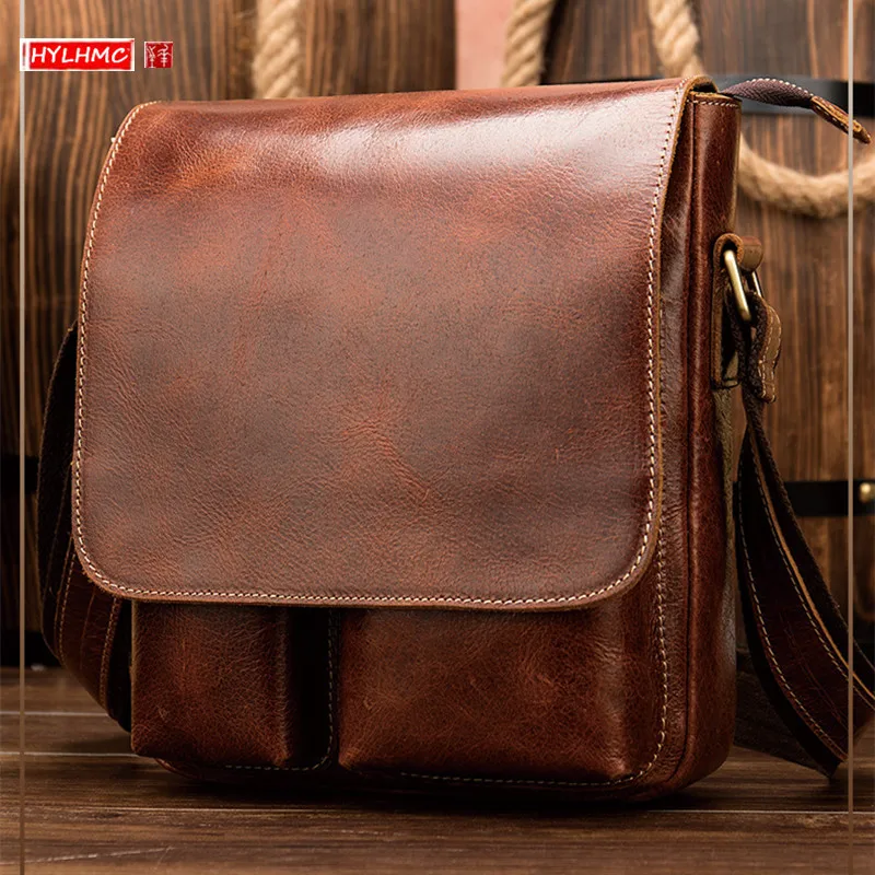 

Crazy Horse Leather Men's Shoulder Crossbody Bag Genuine Leather Retro Handbags Messenger Bag Fashion Top Layer Cowhide Bags Men