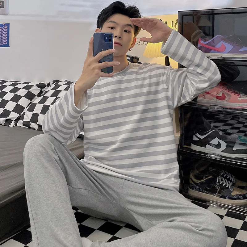 QUHENG  Men's Pajamas 2022 Autumn Winter Cotton Long Sleeved Trousers Sleepwear Sets 2 Pieces Simple Casual Nightgown Lounge