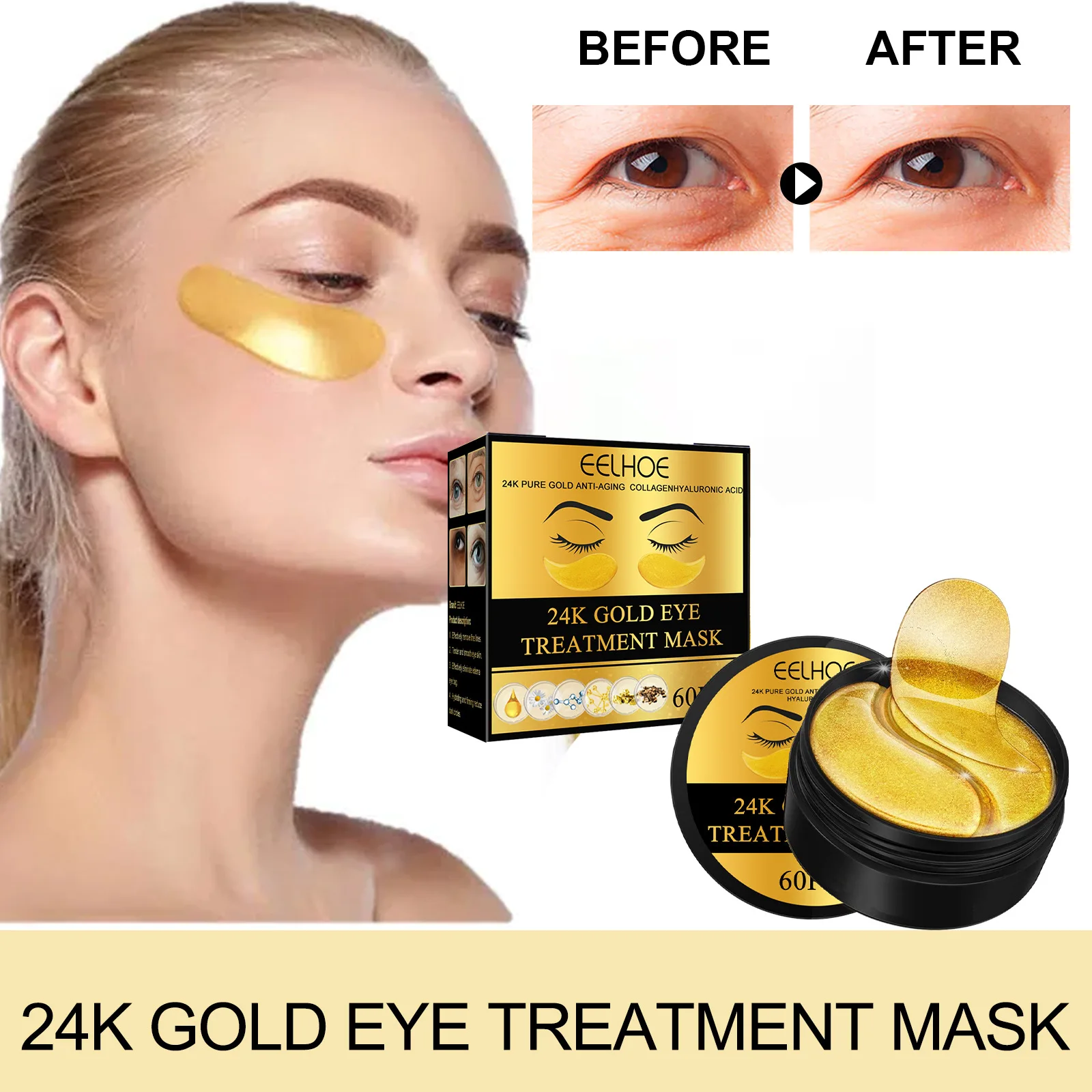 60 Pcs 24K Gold  Moisturizing Crystal Collagen Eye Mask  Firming Anti-Wrinkle  Eye Care Patch  Fine Lines Mask
