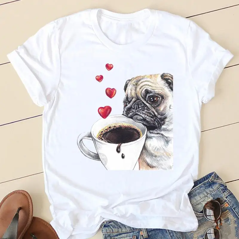 

Women T-shirts Coffee Dog Love Ladies Fashion Clothing Short Sleeve Cartoon Clothes Spring Summer Female Tee Graphic Tshirt