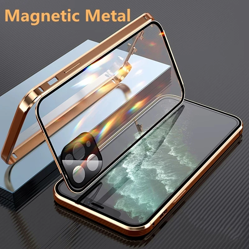 360 Full Protective Magnetic Case for iPhone 13 12 11 Pro XS Max X XR Mini Double Sided Glass With Camera Lens Protection Cover
