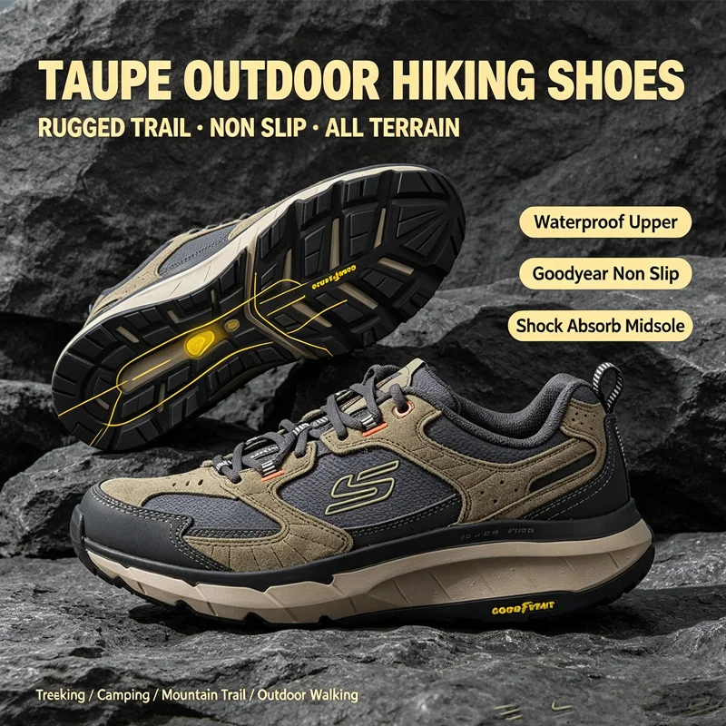 Фото Мужские кроссовки Skechers Taupe для активного отдыха, замшевые, сетчатые, с подошвой Goodyear, нескользящие, прочные, для треккинга и ходьбы, модель 237755-TPMT №1