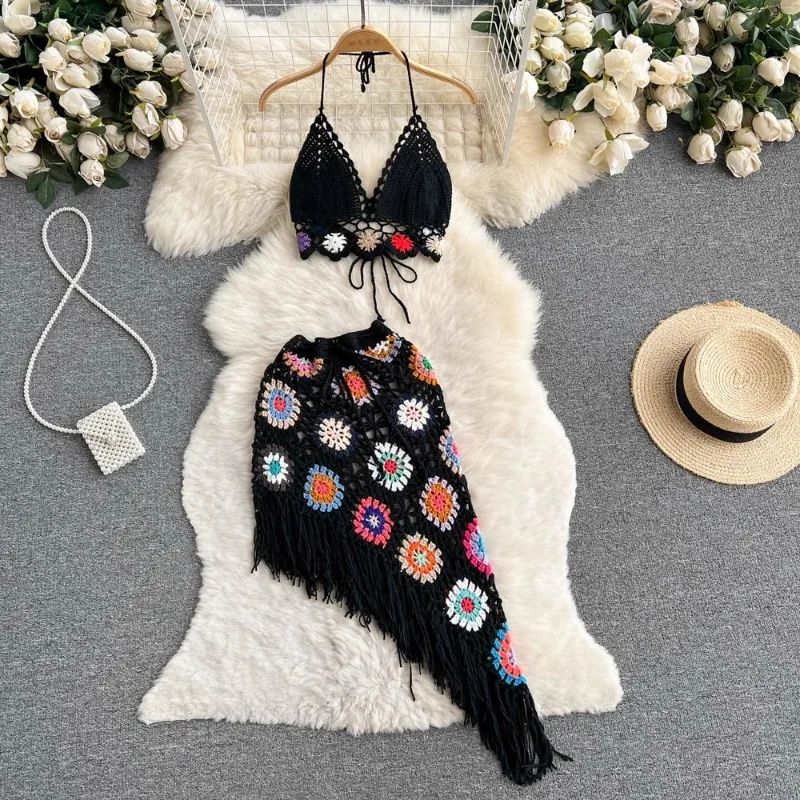 

Knitted Chic Womens Two Peice Skirt Sets Hollow Out Hook Flower Neck-mounted 2 Piece Womens Outfits Floral Skirts Set Bohemian