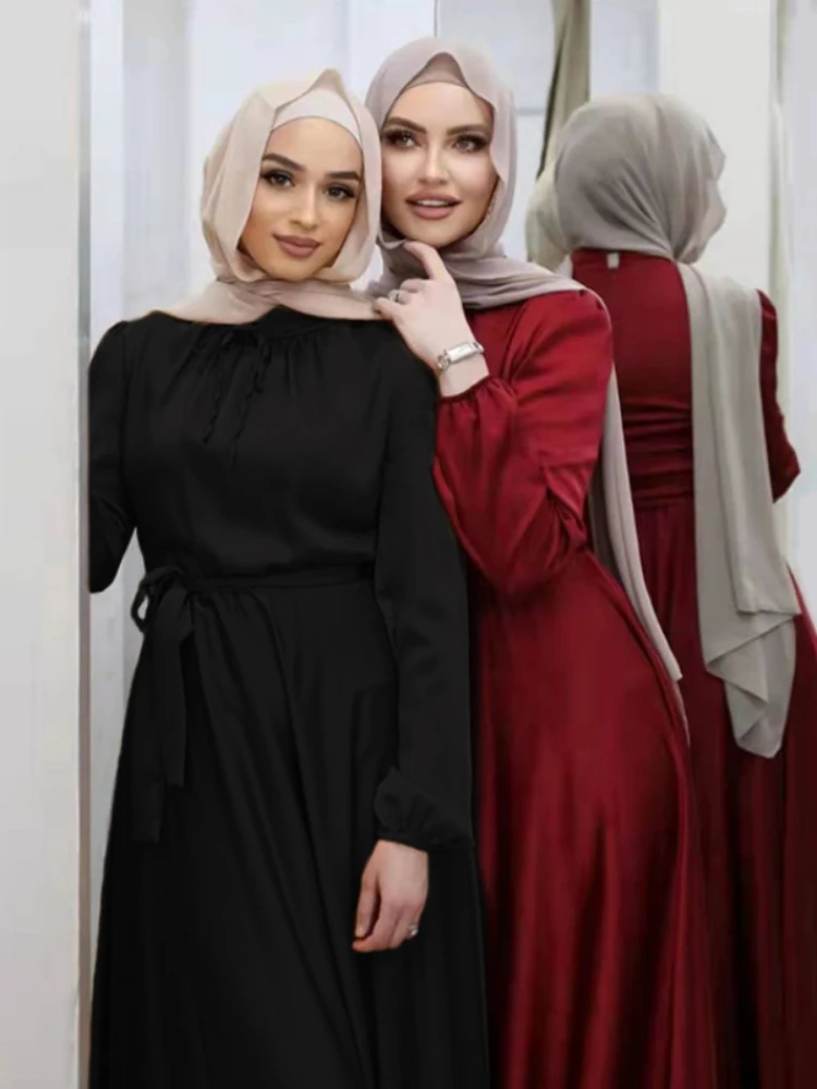 Hijab Satin Dress Ramadan Eid Muslim Fashion Plain Abaya Dubai Turkey Arabic African Maxi Dresses for Women Islamic Kaftan Robe