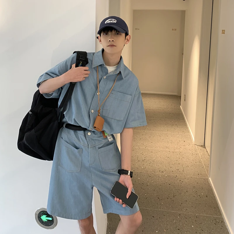

Men's Loose Black Blue Denim Overalls Knee Length Short Sleeve Safari Style Summer Pants V43