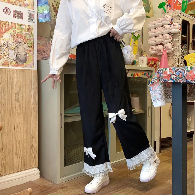 

Женские милые вельветовые брюки в японском стиле Лолита с завышенной талией, милые кружевные широкие брюки с бантом, Женская винтажная одежда, Свободные флисовые брюки