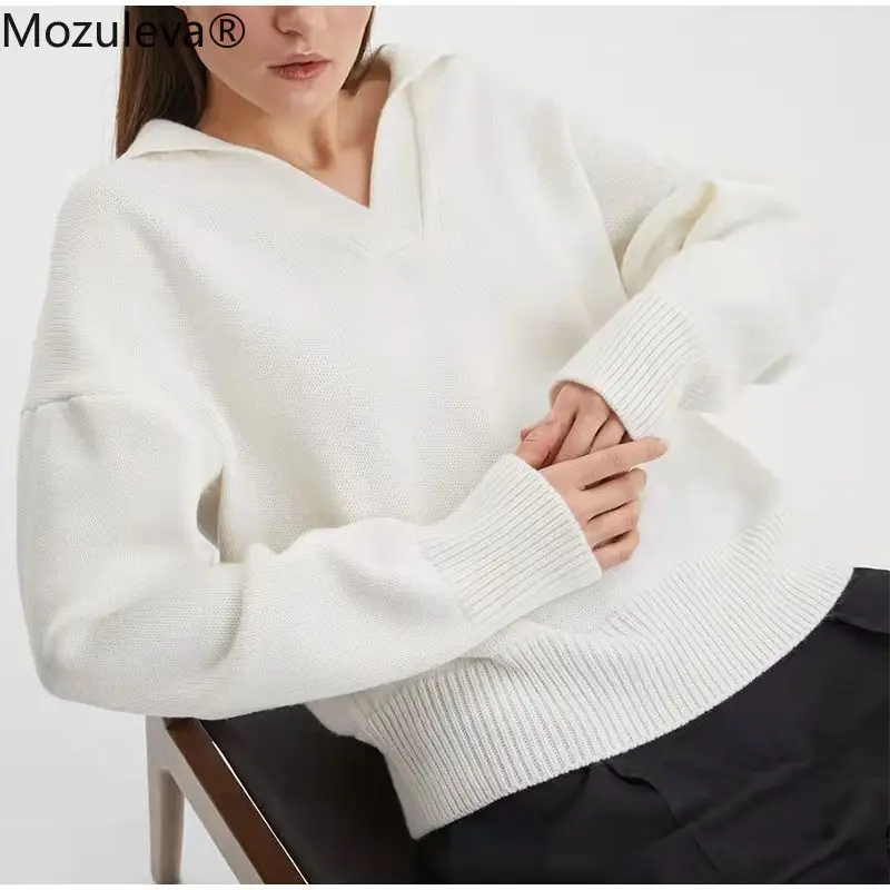 

Mozuleva POLO Neck Sweater Lapel Collar Lazy Loose Oversize Thin Autumn Winter Pure Woman Color Knitted Pullover