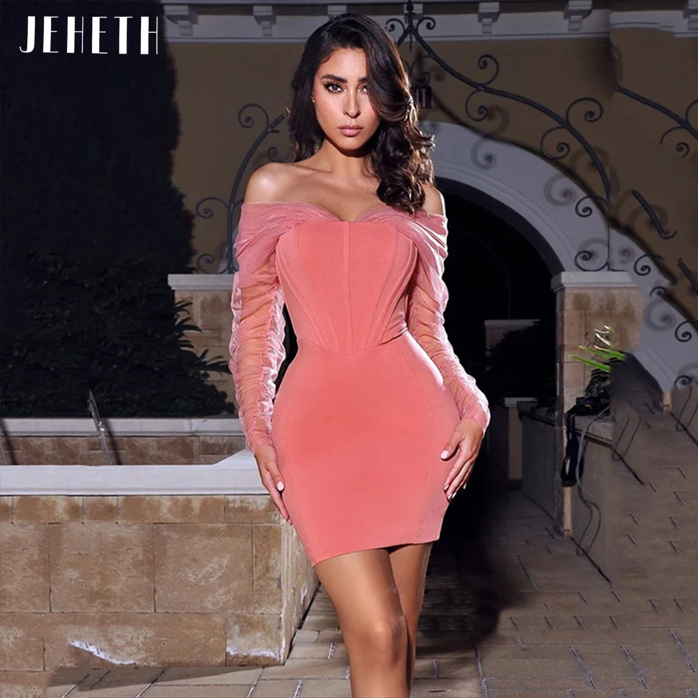 

Сексуальное розовое эластичное вечернее платье JEHETH из крепа, мини-платье с юбкой-годе, длинными рукавами и открытой спиной, платье для выпускного вечера, короткое платье