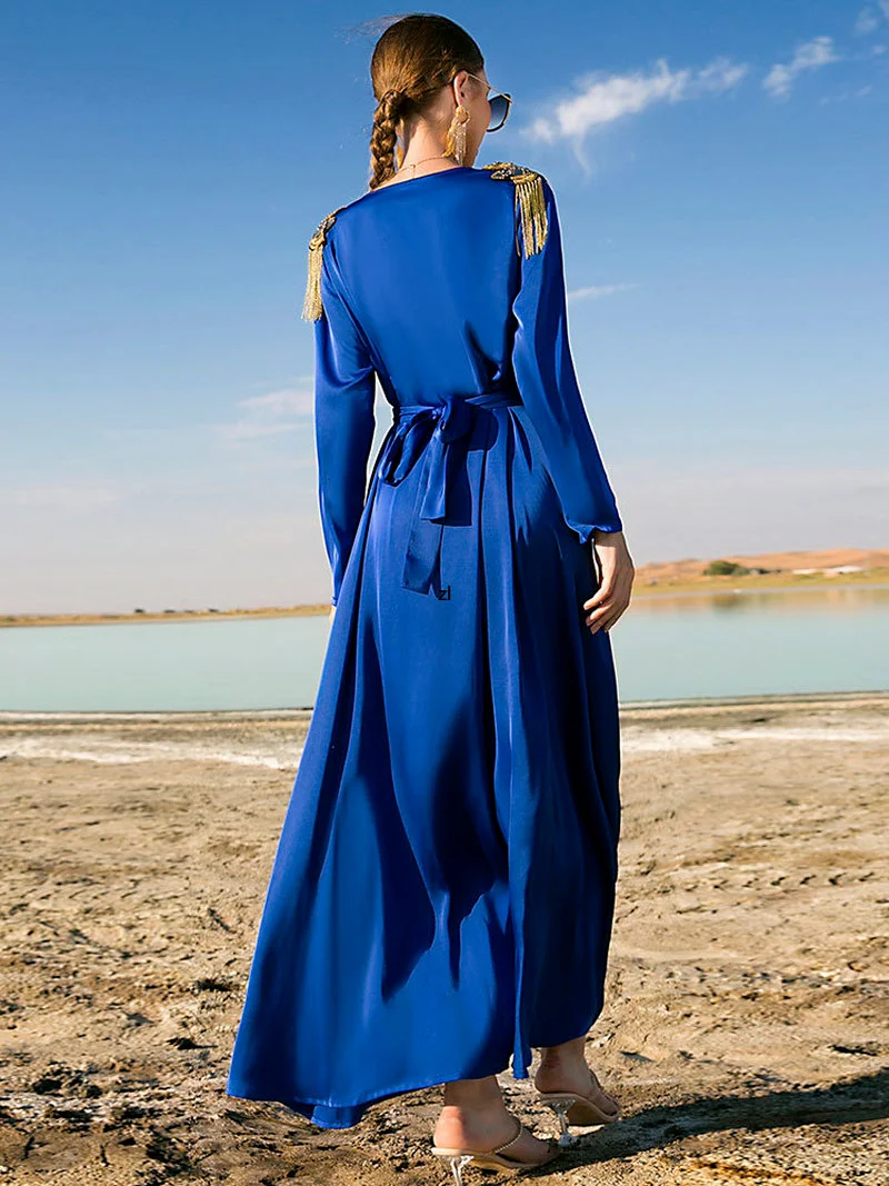 Women Gown Long Dress Moroccan Party Caftan Rhinestones Satin Evening Abaya Belted Muslim Dubai Islam Turkey Ramadan Eid Kaftan