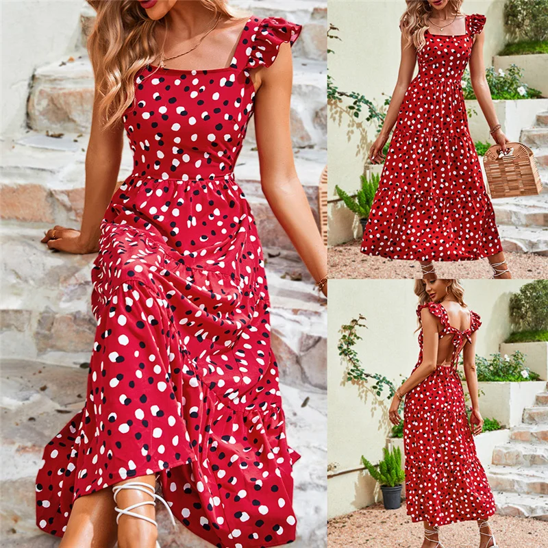 

Polka Dot 2022 Women New Summer Square Collar Sleeveless High Waist All Match Sexy Midi Long Dress