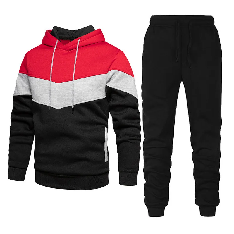 Men's sports suit fashion leisure spring and autumn stitching hooded sweater pants two-piece suit