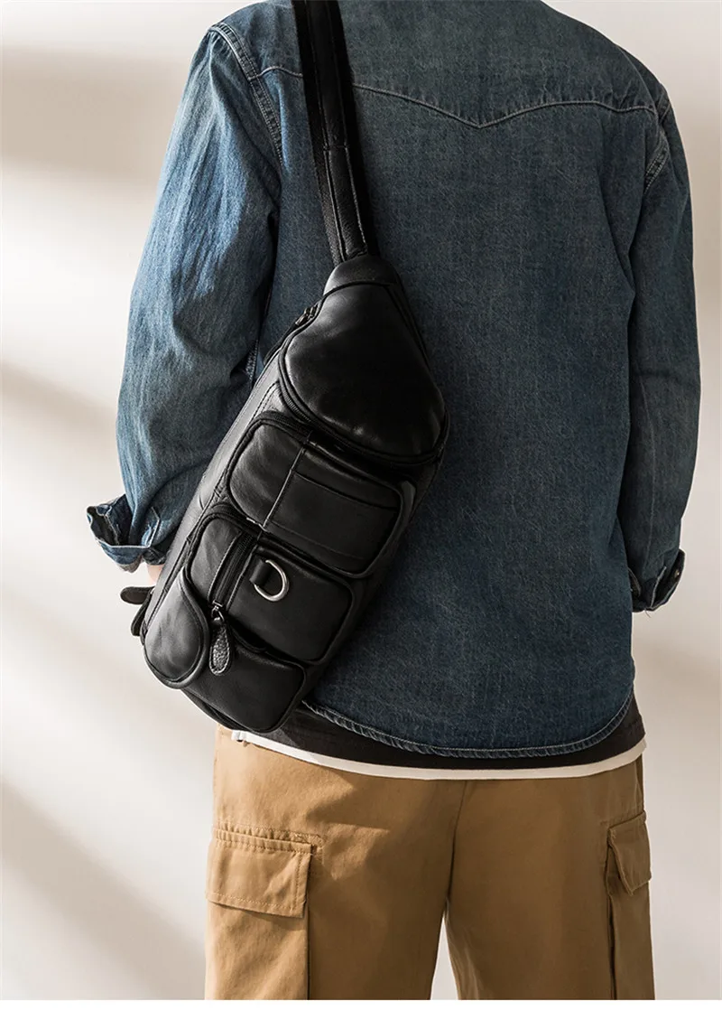 Retro fashion designer first layer cowhide men black chest bag summer light outdoor work Multi-pocket real leather messenger bag