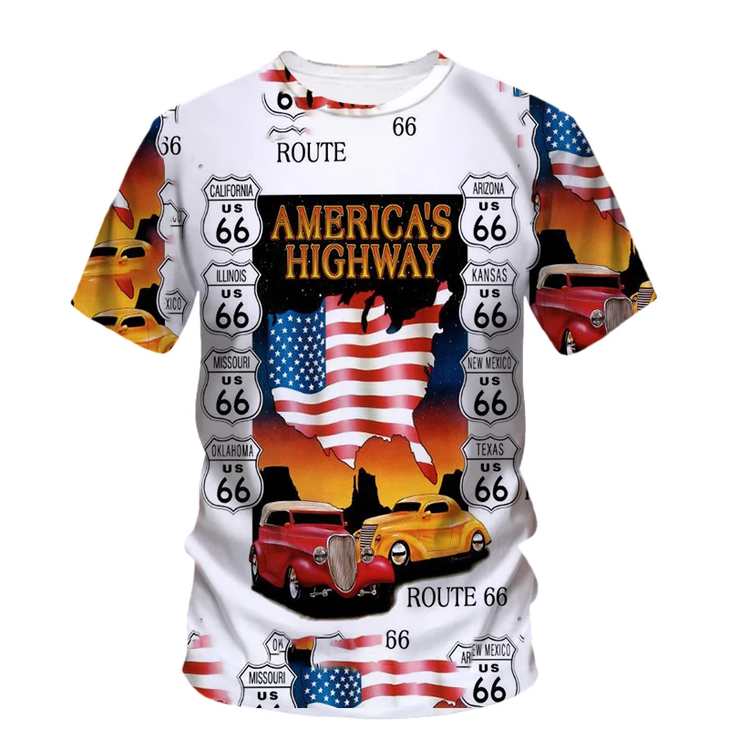 

Route 66 3D Printing T Shirt Man Summer O-Neck Short Sleeve Oversized Top Casual Tee Loose Streetwear Harajaku