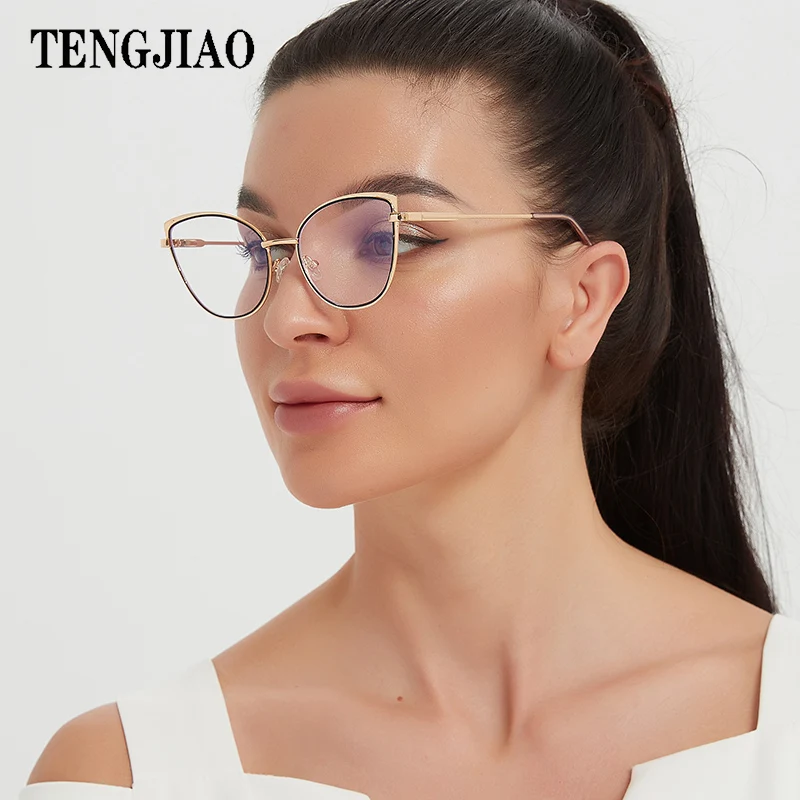 

TENGJIAO Cat Eye Eyeglasses Women Anti-Blue Light Rays Computer Optical Spectacle Frame Transparent Glasses Female Clear Lens