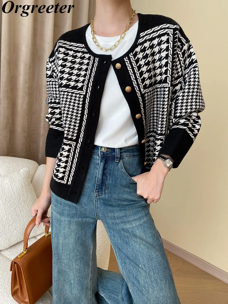 

Retro Commuter Houndstooth Long-sleeved Knitted Cardigan Jacket Women Casual Single-breasted Sweater Outwear Tops