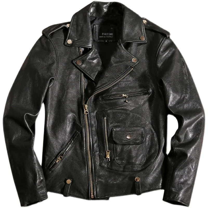 

Oblique Zipper Genuine Leather Men's Jacket Vegetable Tanned First Layer Sheepskin Retro Slim-Fit Motorcycle Leather Jacket