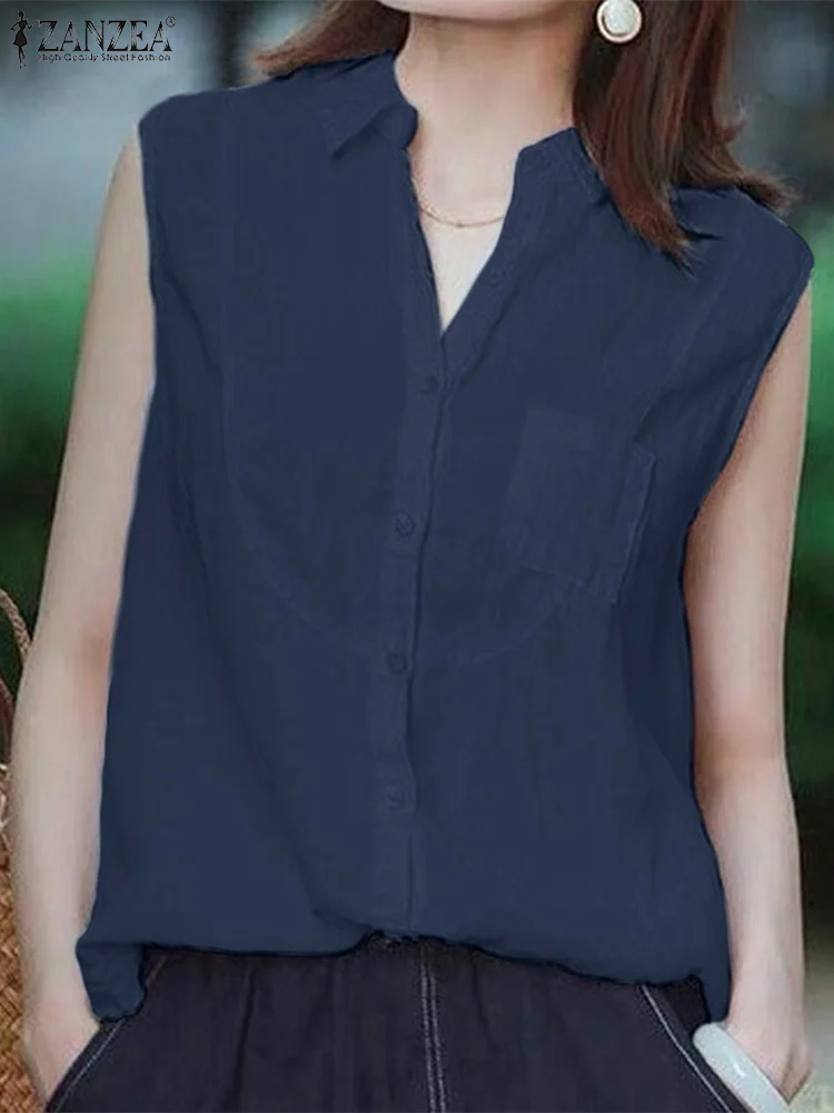 

Блузка ZANZEA Женская с воротником с лацканами, модный топ без рукавов, однотонная Повседневная офисная рубашка, модель 2023 на лето