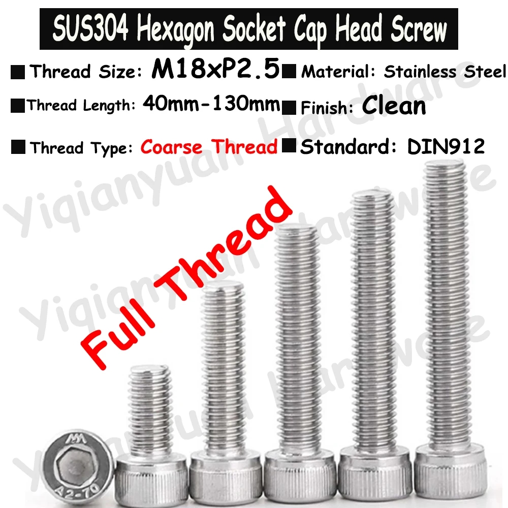 

2Pcs~3Pcs M18xP2.0 DIN912 SUS304 Stainless Steel Hexagon Socket Knurled Cap Head Screws Allen Key Bolts Full Threaded